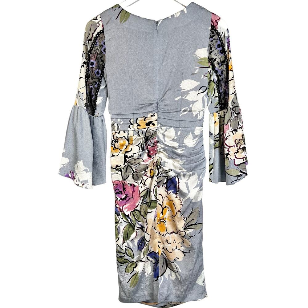 Tracy Reese Womens Size 0 Floral Lace 3/4 Sleeve Ruched Sheath Dress Grey Violet - Picture 12 of 16